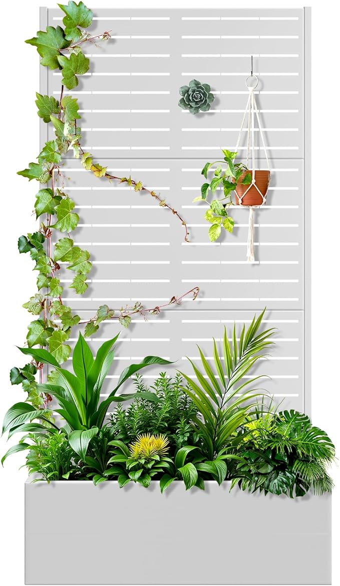 Trellis for Climbing Plants OutdoorMental Garden Bed with Drainage Holes Outdoor Privacy Screen Design Tall planters for herb Flower Vegetables 73x35x16 White-Louvered