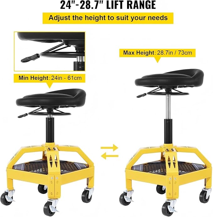 Rolling Garage Stool 300Lbs Capacity Adjustable Height 24 28.7In 360 Swivel Wheels Tool Tray for Workshop Auto Repair