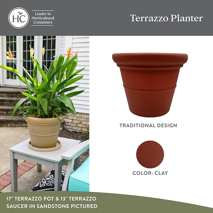The HC Companies Terrazzo Large Round Plastic Plant Pot w/Rolled Rim - Lightweight &amp UV Resistant Gardening Pot for Herbs &amp More - Outdoor &amp Indoor Plant Pots w/Drainage (24” Clay Pack o