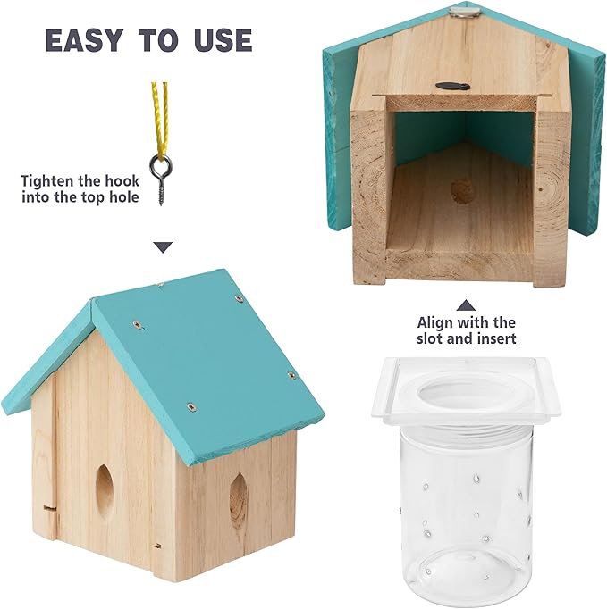 Carpenter Bee Trap for Outside - Best Bee Trap - Blue Cabin Style Nature Hanging Wood Carpenter Bee Traps Outdoor - Insect Traps with Removable Vault (1 Pack)