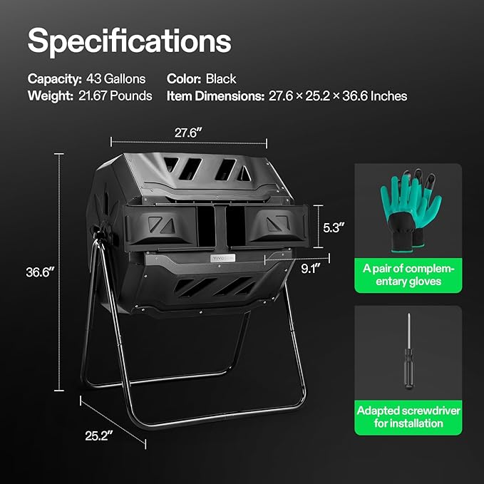 VIVOSUN Outdoor Tumbling Composter Dual Rotating Batch Compost Bin 43 Gallon Black Door