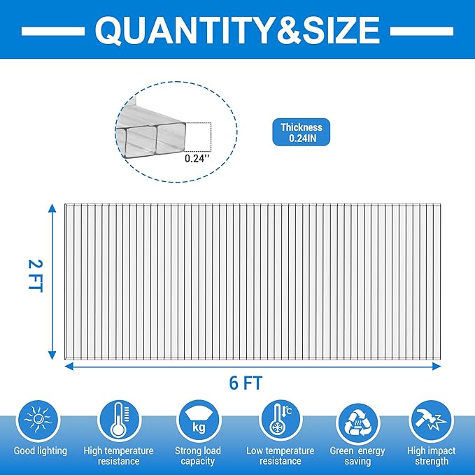 6 PCS 2' x 6' x 0.24'' Polycarbonate Greenhouse Panels Twin-Wall Polycarbonate Panels Impact Resistance Clear Sheets Greenhouse Panels UV Protection Waterproof for Garden and Greenhouse