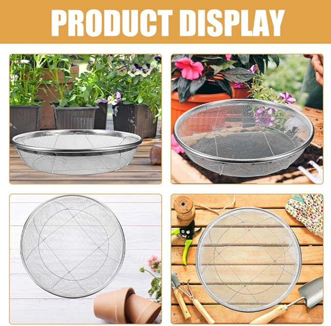 Baluue Dirt Garden Sieve Soil Sifter Stainless Steel Sifting Pan Soil Sand Sieve Compost Sifter for Compost Dirt and Potting Soil