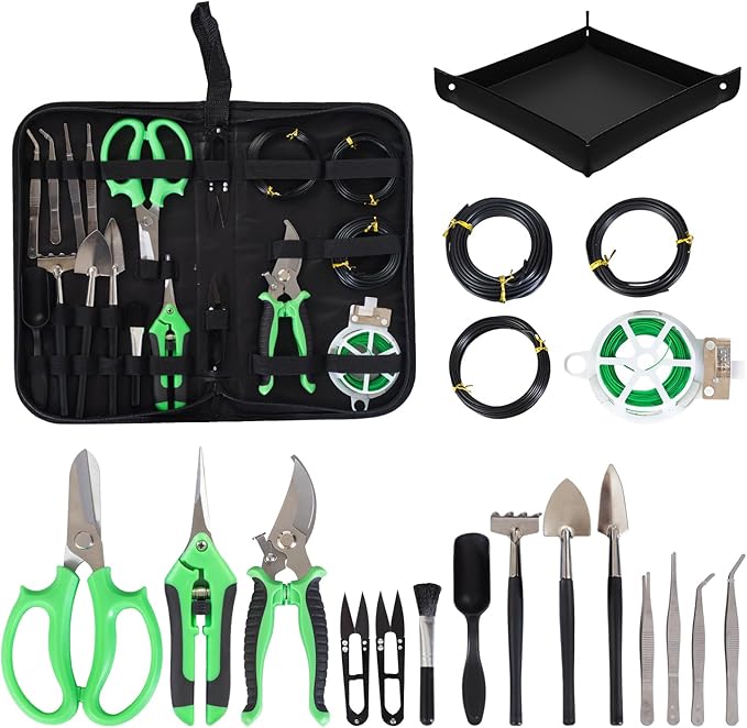 Bonsai Tools Kit 20 Pcs Garden Tools Set for Starters Gardening Gifts for Women Men Includes Bonsai Wire Kit Plant Mat Pruning Shears Bonsai Scissors Succulent Tools in Leather Storage Bag