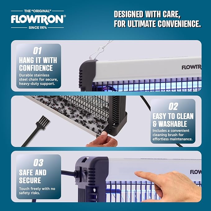 Flowtron Indoor Bug Zapper: 3000V Electric Insect Killer &amp Mosquito Trap - 300 Sq Ft Coverage - 12W Dual UV Light Fly Zapper for Kitchen Bedroom RV &amp Restaurant - Safe Gnat &amp Moth Killer