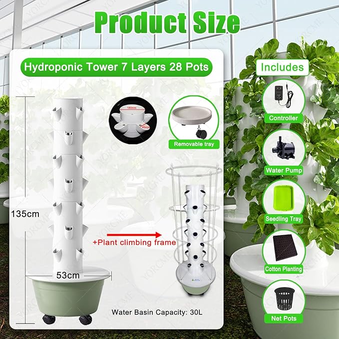Polytunnel Tower Systems Hydroponics Growing Systems Vertical Tower Automated Indoor Tower Garden with LED Grow Lights Herb Garden B(28Pots)
