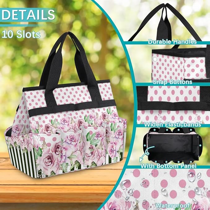 Garden Tool BagFloral Rose Flower Polka Dot Stripe Gardening Organizer Bag With Pockets Garden Tool Kit Storage Tote for Women Men Garden Tool Set Holder
