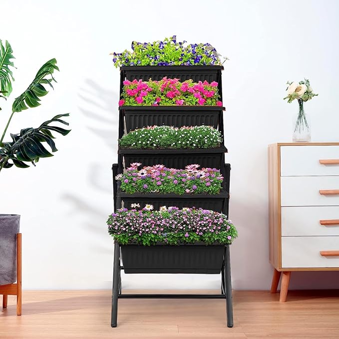 Homdox 2 Pack Elevated Garden Bed 5-Tier Freestanding Vertical Raised Bed for Gardening 5 Garden Planter Boxes and 5 Hooks Perfect to Grow Vegetables Herbs Flowers Outdoor Indoor Black