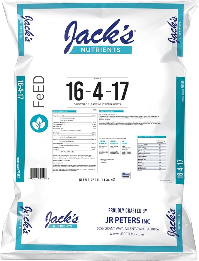 Jack's Nutrients 16-4-17 Hydroponic Fertilizer for Vegetative Growth in Continuous Liquid Feed Programs 25lbs