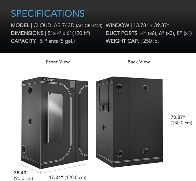 AC Infinity CLOUDLAB 743D 2-in-1 Advance Grow Tent 3x2 Thickest 1 Poles 2000D Mylar Canvas Lab-Tested Highest Reflectivity Largest Zipper Window Controller Mount Plate 48” x 36” x 72” Indoor Grow