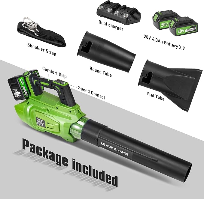 Brushless Leaf Blower Cordless 40V 620CFM Leaf Blower with 2 × 4.0Ah Battery and Charger 5 Speed Modes Powerful blowers for Lawn Care Patio Blowing Leaves Dust Snow Green