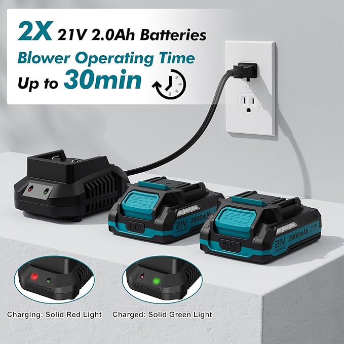 Leaf Blower Cordless - 21V Powerful Electric Leaf Blower with 2 Batteries and Charger 2 Speed Modes 2.0Ah Lightweight Battery Powered Leaf Blowers for Lawn Care Patio Dust Blowing Leaves