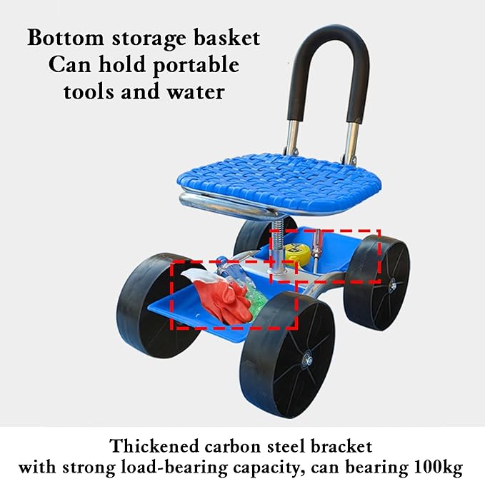 Height Adjustable Rolling Stool with Tool TrayGarden with Wheels and 360-Degree Swivel Seat for Outdoor Planting(3-Wheeled)