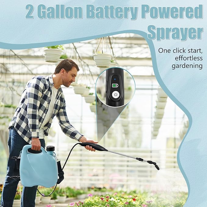 Battery Powered Sprayer 2 Gallon Electric Garden Sprayer in Lawn with 3 Mist Nozzles USB Rechargeable Handle Retractable Wand Yard Pump Sprayers with Adjustable Shoulder Strap for Plants