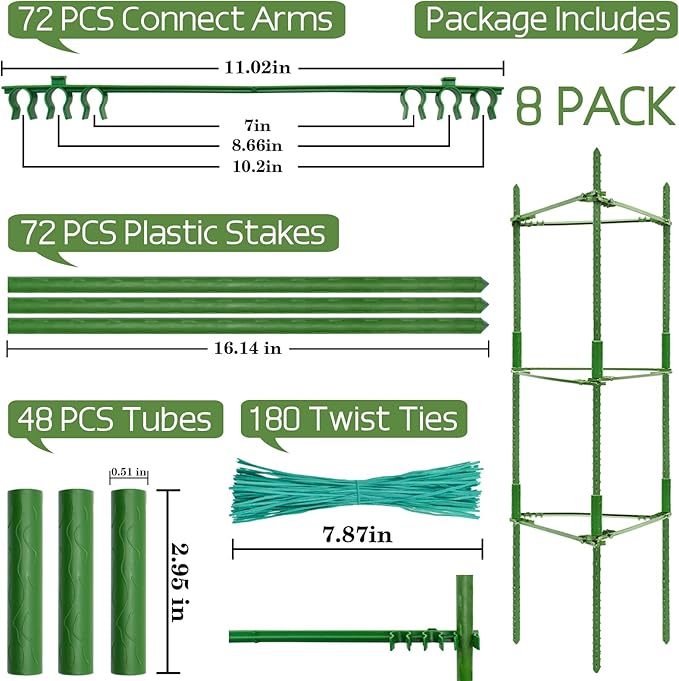Halatool 8 Pack Tomato Cages for Garden Up to 48in(4FT) Adjustable Tomato CageGarden Stakes Tomato Trellis for Pots Green Tomato Plant Support with Snap-On Arms for Vegetables Plants(6 Buckles)