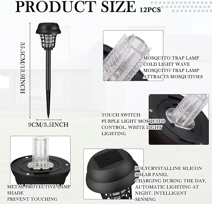Qualirey 12 Pcs Solar Bug Zapper Outdoor Waterproof Solar Mosquito Zapper Outdoor Solar Powered Mosquito Killer Lamp Lighting Mosquito Repellent Lamp for Patio Yard Garden Insect Purple White Light