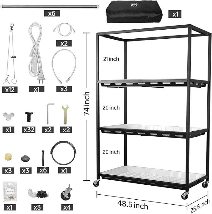 Indoor Greenhouse with Full Spectrum LED Grow Light and Tent Indoor Gardening System with Watertight Plant Shelf Trays 3-Tier Metal Plant Stand with Wheels Microgreens Growing Kit