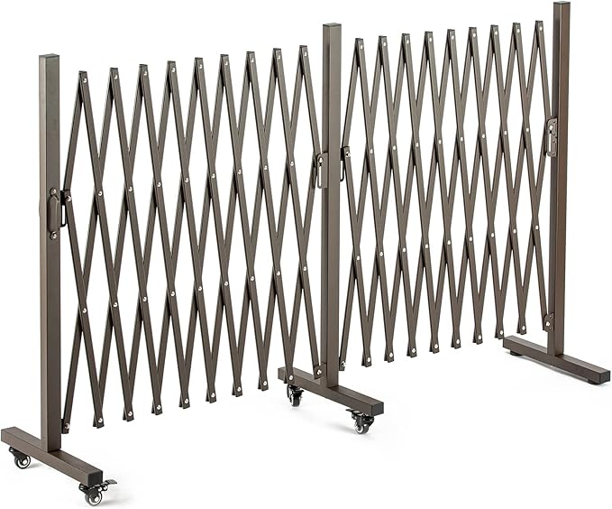 TECSPACE Aluminum Expandable Garden Fence Portable Barricade Gate with Casters Adjustable Retractable Fence Mobile Barricade Safety Barrier (Brown 201×15×41 inch)