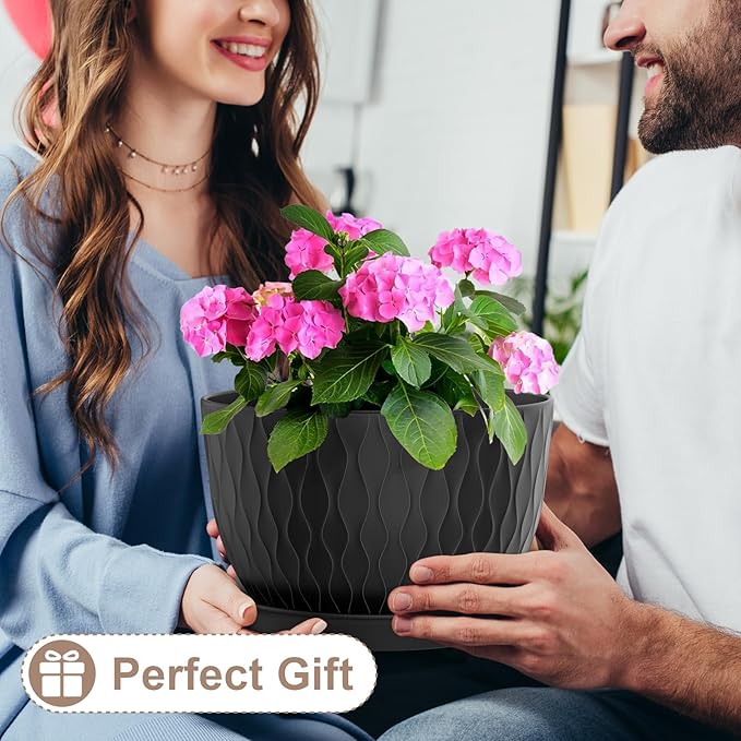 12 Inch Large Plant Pots for Indoor or Outdoor Plants Wide Water Ripples Flower Pots with Drainage Holes &amp Saucer Plastic Planters Set for Garden &amp Home Decor (Black)