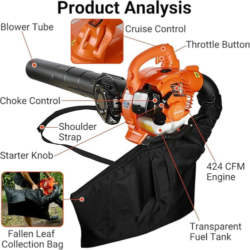 26CC 2-in-1 Handheld Leaf Blower and Vacuum2 Stroke Gas Powered Leaf Blower424 CFM Dual-Purpose Blowing and SuctionGarden Blowers with Collection Bag for Cleaning Leaf Road Snow Orange