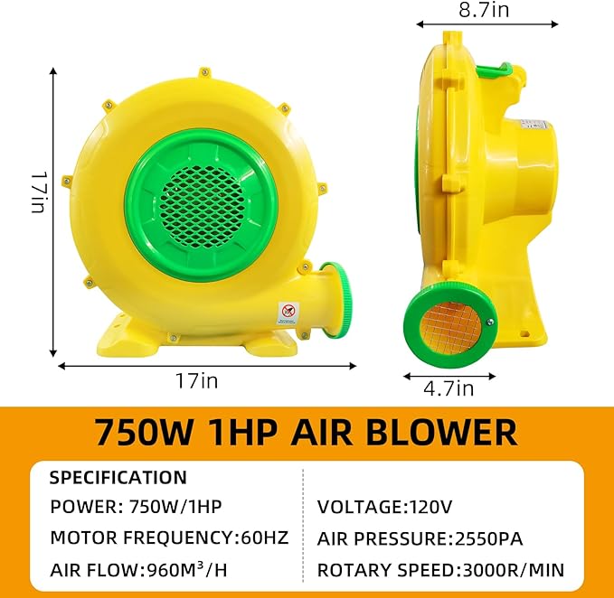 750W Air Blower QILEBA 1HP Powerful Bounce House Blower for Inflatables Portable Inflatable Bubble House Blower Fan Pump for Spray Booth Bouncy Castle Jumper Water Slid Blower Corded(750W)