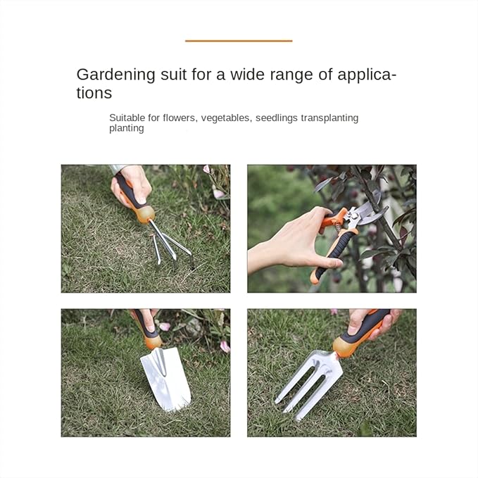 Stainless Steel Garden Tool Set with Shovel Rake Fork Root Extractor Scissors and Folding Saw