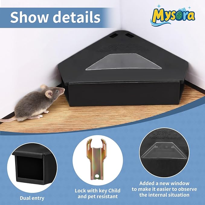 12 Pack Mouse Bait Stations with Visible Window &amp Keys Lockable Rodent Control Boxes Triangular Mice Traps Box for Indoor Outdoor Corners Garage Kitchen Bait Not Included (Black)