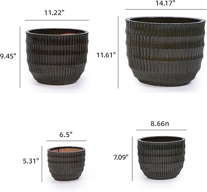 Handmade Dark Coffee Ceramic Planter Set of 4 (6.5 to 14.17 Length) IndoorOutdoor Flower Pot for Succulents Herbs by Window Couchside Breathable Clay with Drainage