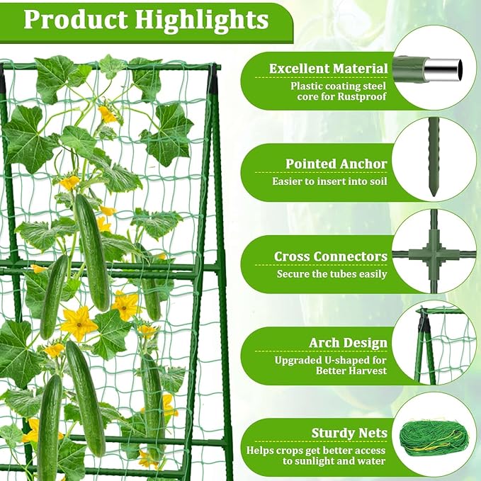 Cucumber Trellis with Grow Bag 50 x 36 Inches Reusable Garden Vegetable Trellis with Fabric Raised Bed Climbing Net and Plant Support Clips for Greenhouse Climbing Plants