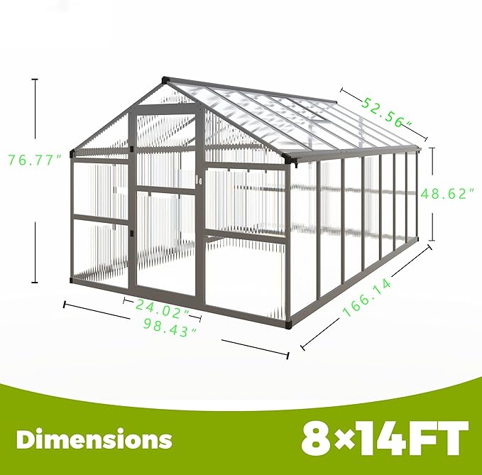 8x14 FT Greenhouse for Outdoors Polycarbonate Greenhouse with Quick Setup Structure and Roof Vent Aluminum Large Walk-in Green House for Outside Garden Backyard Dark Gray