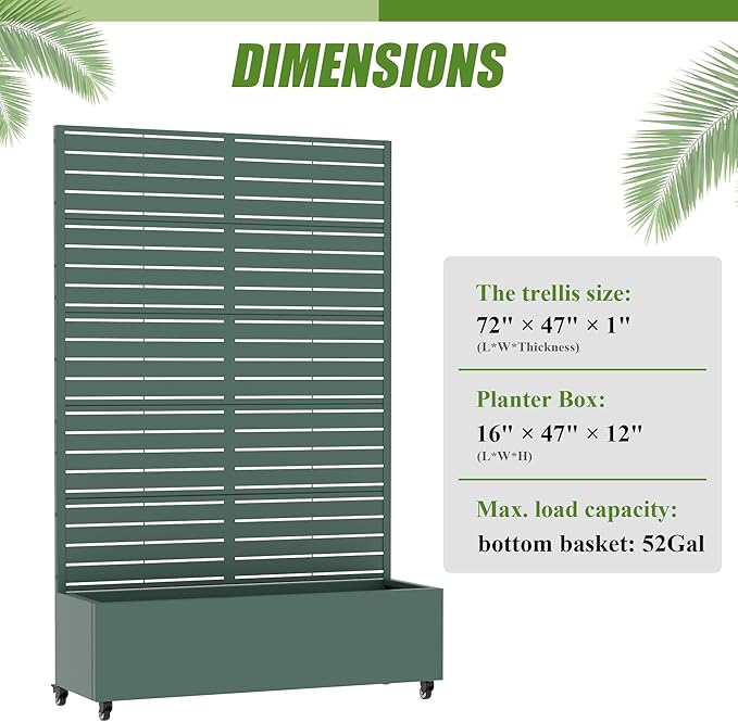 Casaphoria Metal Raised Garden Bed with Trellis and Wheels 72x47x16 Planter Box for Climbing Plants Vegetables &amp Vines Features Drainage Holes and Privacy Screen Drak Green-Louvered