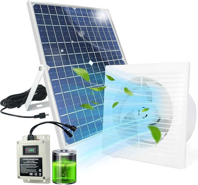 Solar Powered Exhaust Fan with Battery 25 W Waterproof Solar Panel 8 Inch Ventilation Vent Fan Solar Fan for Greenhouse Chicken CoopShed Garage Attic Barn Workshop14.8ft Cable5000mAh Battery
