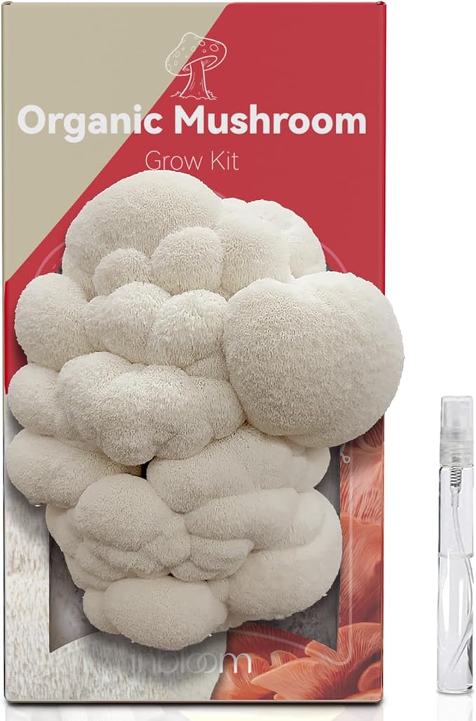 inbloom Organic Lion's Mane Mushroom Growing Kit with Spray Harvest Fresh Mushrooms at Home Beginner Friendly &amp Easy to Use Unique Gardening Gift for Holiday Handmade in New Jersey USA