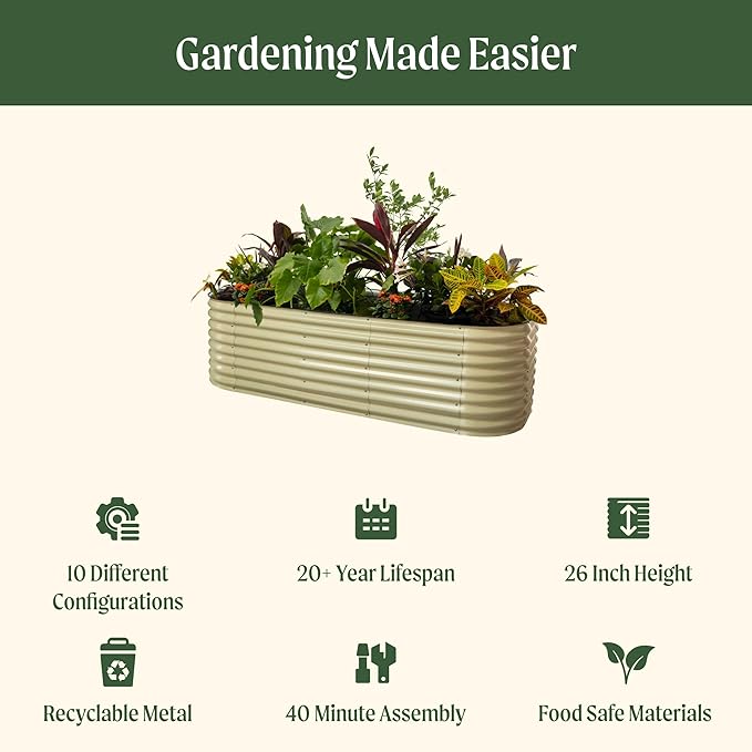 Vego garden 26 Extra Tall Raised Garden Bed Kits 10 in 1 Modular Raised Planter Box for Vegetables Flowers Fruits Oval Metal Raised Garden-Modern Gray