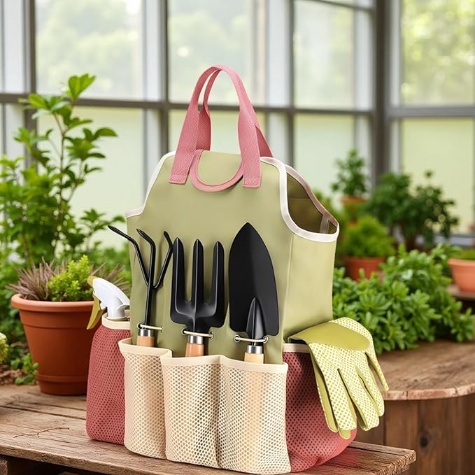 9 Pcs Hand Garden Tool Sets Gardening Gifts for Women &amp Men with Wooden Handles Includes Transplanter Hand Fork Hand Rake Trowel and Tote Bag