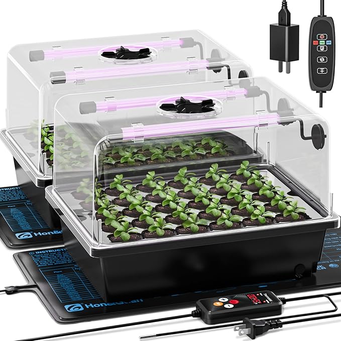 Hon&ampGuan 2 Pack Seed Starting Kit - 30 Cell Seed Starter Tray with Higher 5.3” Humidity Dome LED Growing Lights and 10x20.75 Seedling Heat Mat Adjustable Vents - Germination &amp Plant Propag