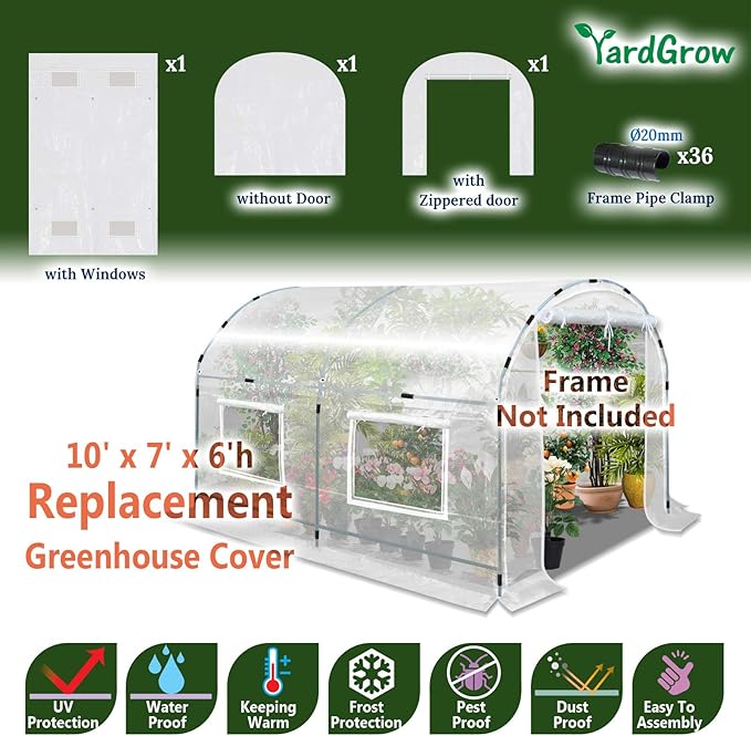 YardGrow Half-Transparent Greenhouse Cover Replacement Greenhouse Replacement Cover ONLY Frame NOT Included (10x7x6 FT)