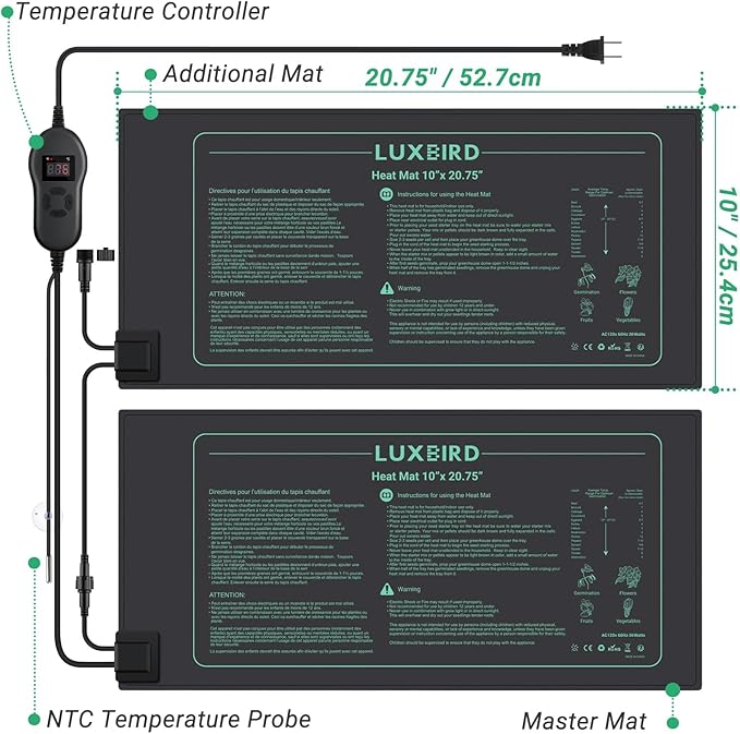 LUXBIRD 4 Pack Seedling Heat Mats with Digital Thermostat Controller 10 x 20.75 Waterproof for Seed Starting Germination Hydroponics Brewing Breeding Greenhouses (LB-HT04)