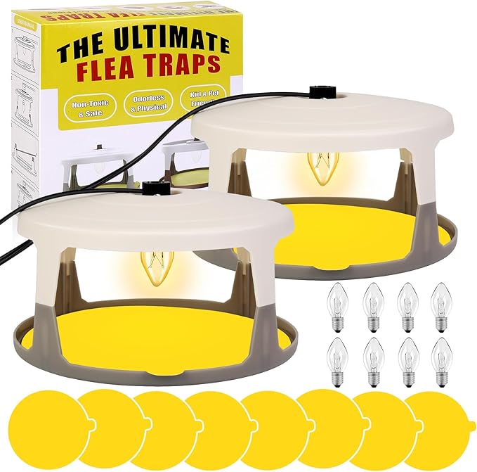 Flea Traps for Inside Your Home 2 Pack Indoor Flea Light Electric Bed Bug Insect Killer with 8 Sticky Pads &amp 8 Light Bulb Replacement Natural Pest Control w/Glue Discs Refills Safe for Kid Pet