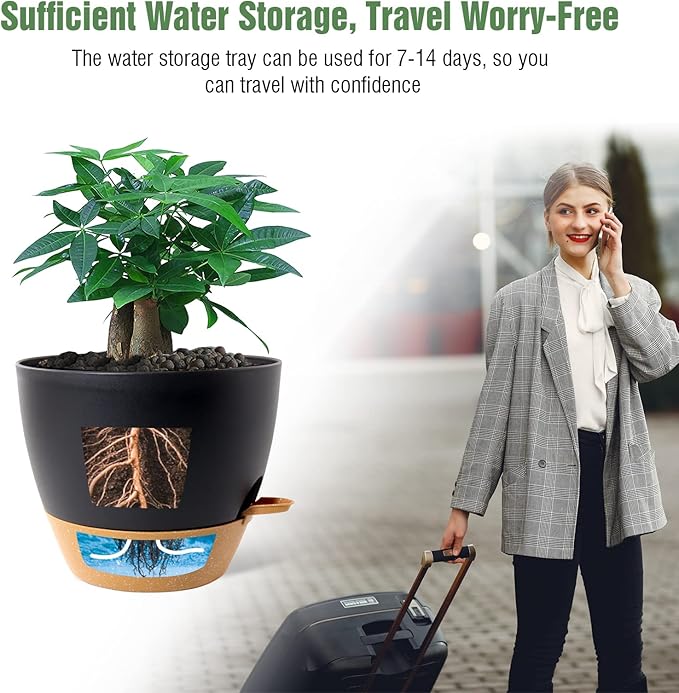 12 inch Large Self Watering Pots Plastic Planters with 60oZ Removable Deep Reservoir and Multi Mesh Drainage Holes for Indoor Outdoor Garden Plants and Flowers Black with Brown