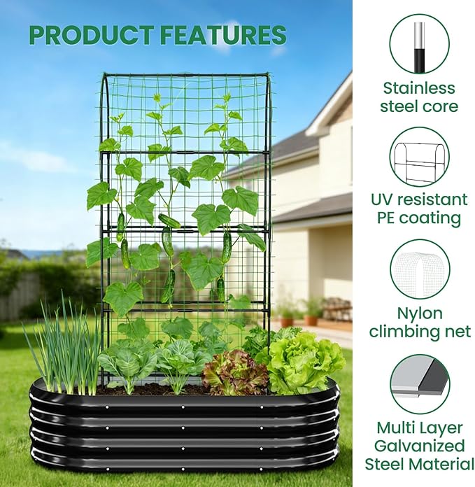 SUNYRISY 2Pack Galvanized Raised Garden Bed with 71in Arch Trellis for Climbing Plants Outdoor Planter Box with Climbing Net for Gardening Flowers Vegetables Fruits Herbs Black