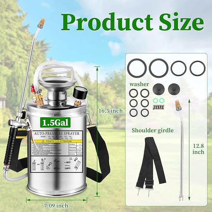 1.5Gal Stainless Steel Pump Up Sprayer Reinforced Hose Hand Pump Sprayer with Pressure Gauge&ampSafety Valve Adjustable Nozzle Suitable for Gardening (1.5 Gallon)