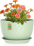12 Inch Large Plant Pots for Indoor or Outdoor Plants Wide Water Ripples Flower Pots with Drainage Holes &amp Saucer Plastic Planters Set for Garden &amp Home Decor (Green)