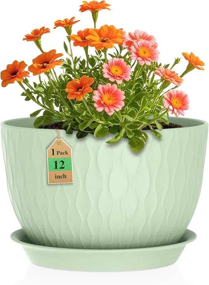 12 Inch Large Plant Pots for Indoor or Outdoor Plants Wide Water Ripples Flower Pots with Drainage Holes &amp Saucer Plastic Planters Set for Garden &amp Home Decor (Green)
