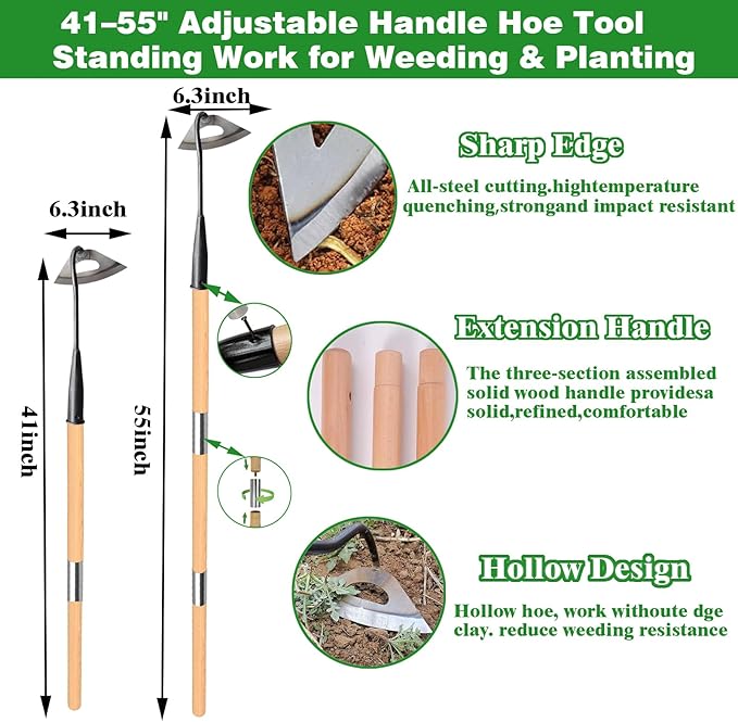 Gardening Tools Hollow Hoe All-Steel Hardened Hollow Hoe with 55 Inch Long Handle Sharp Edge Garden Weeding Tools Garden Weeder Tool Shovel Weed Puller for Backyard Loosening Farm Planting Weeding