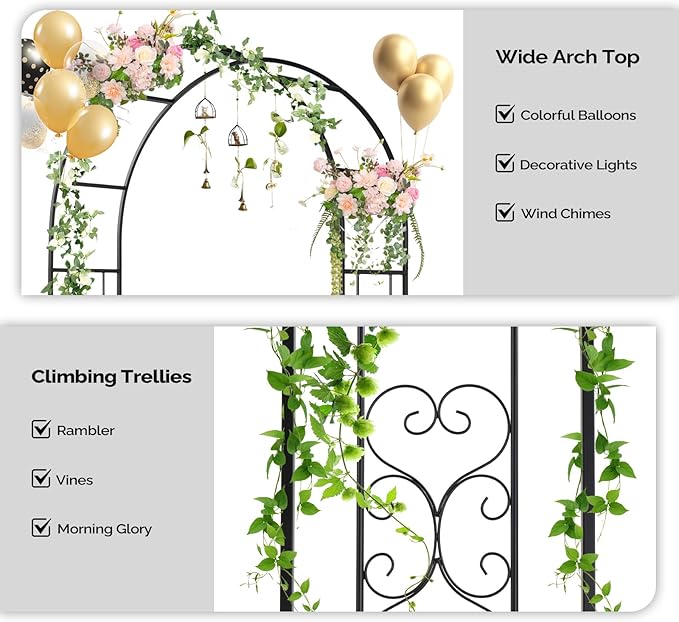 Outvita Garden Arch Trellis with Base Heavy Duty Metal Arbour Archway for Climbing Plants Outdoor Wedding Ceremony Party Patio Decor Black