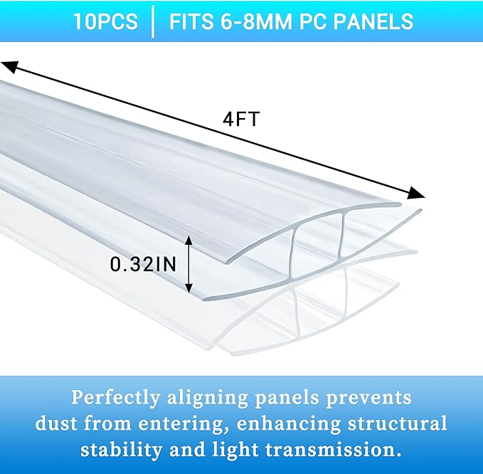 10 PCS Polycarbonate Greenhouse H-Clip Connectors 4ft Length Fits 0.24’’ &amp 0.32’’ Twin-Wall Polycarbonate Panels Duty Dust Rain &amp Moisture Protection Durable (H-Clip 4' × 2.16’’ × 0.32’’)
