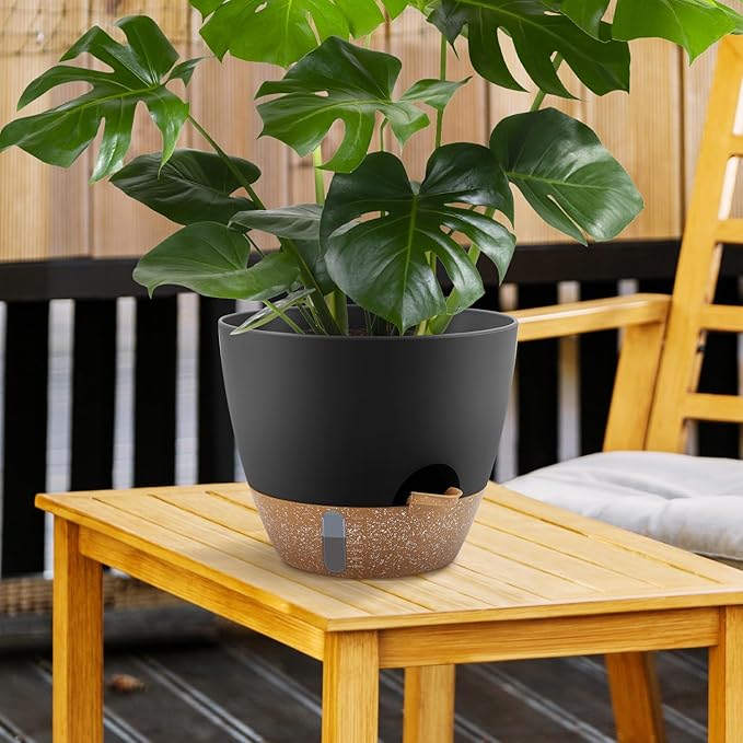 Self-Watering Plant Pots with Water Level Indicator Drainage Holes &amp Saucers – 12/10/9 Inch Large Plastic Planter Set for Indoor &amp Outdoor Plants(Black)