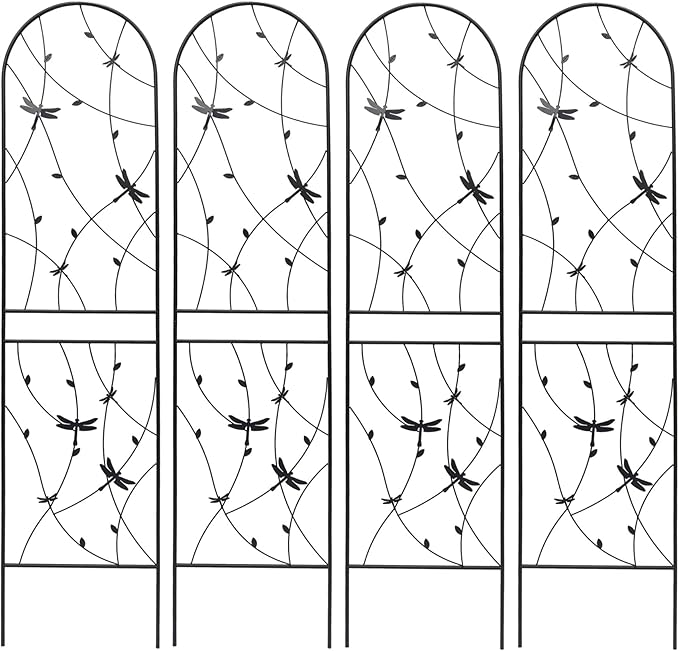 2/4 Pack Metal Garden Trellis for Climbing Plants Outdoor Flower Support Black with Dragonfly Deco Plant Support for Garden Patio Practical(4 Pack-H86'')