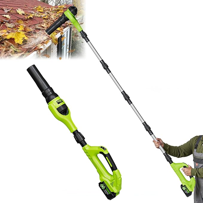 Leaf Blower Cordless 40V Leaf Blowers with 2 Battery Brushless 300° Rotatable Blower Tube with Adjustable Pole (98inch) 580CFM/180MPH &amp 2 Speed Gutter Cleaning Tools for GardenHouse